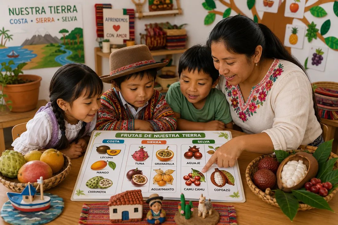 Docente enseñando las frutas del Perú a sus niños con materiales de Aprende WAWA