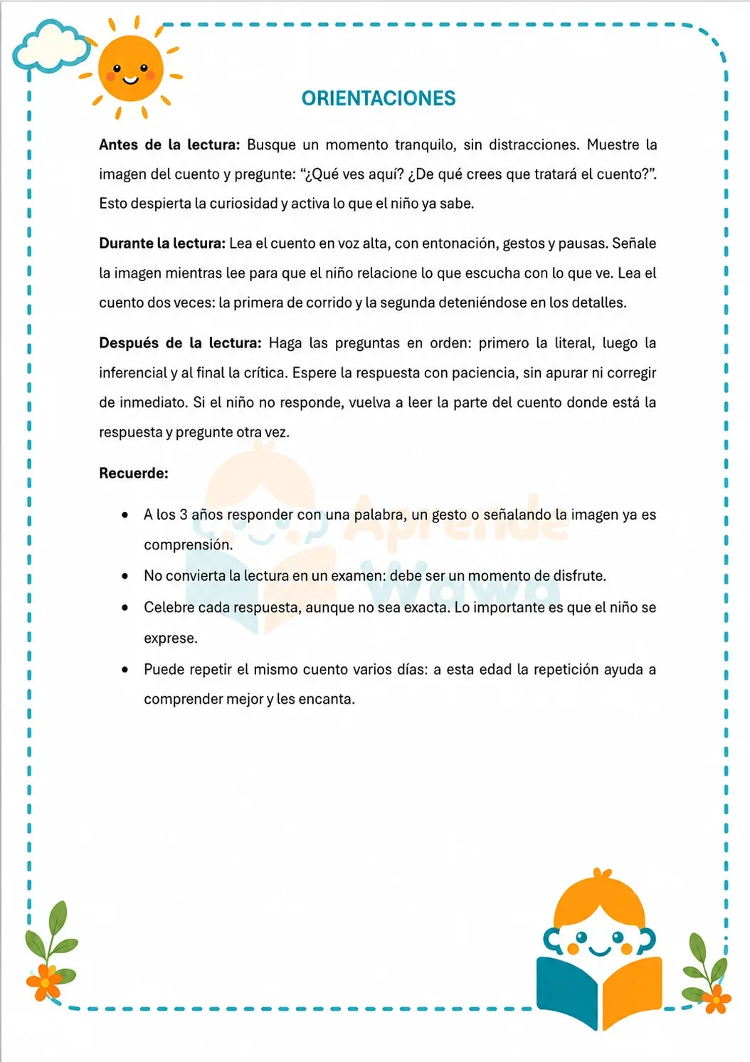 Lámina de 📖 Comprensión Lectora para 3 añitos – Mis primeras lecturas con preguntas