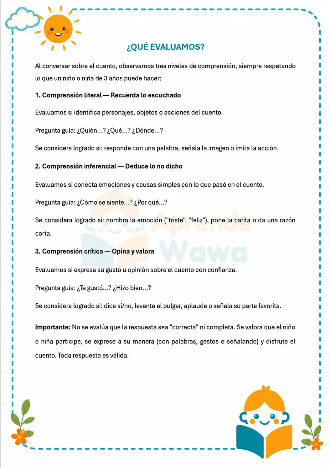 Lámina de 📖 Comprensión Lectora para 3 añitos – Mis primeras lecturas con preguntas