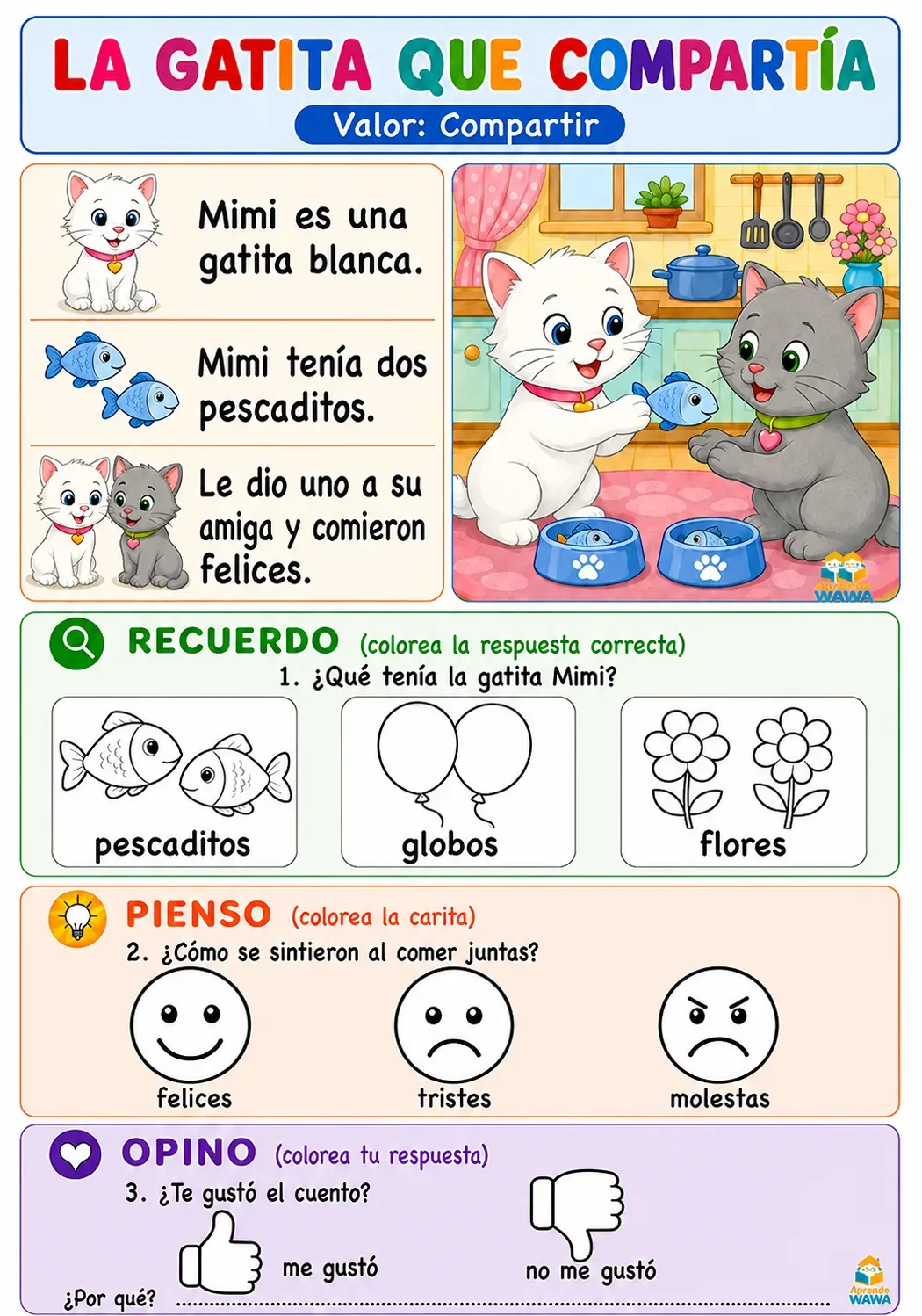 Lámina de 📖 Comprensión Lectora para 3 añitos – Mis primeras lecturas con preguntas