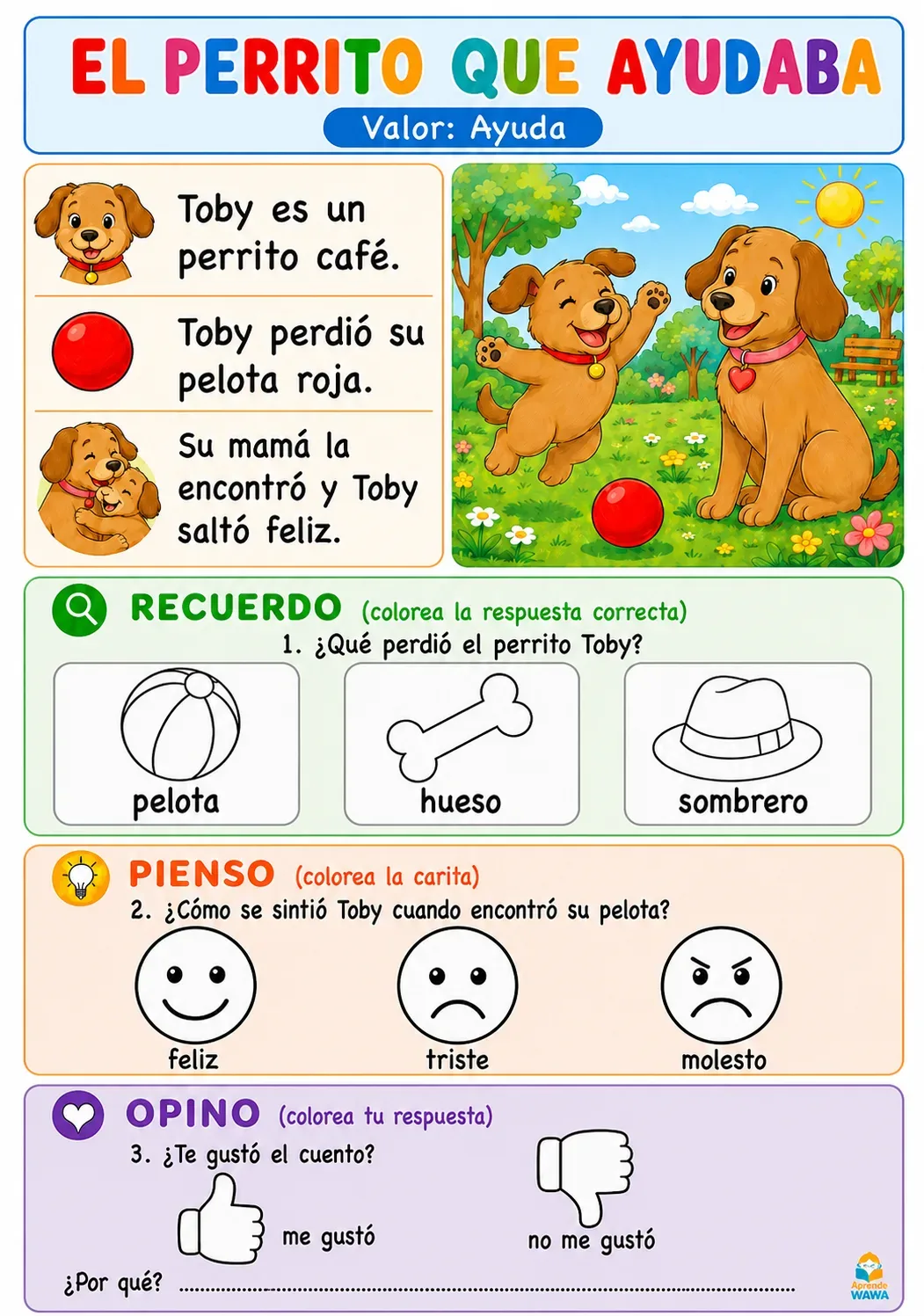 Lámina de 📖 Comprensión Lectora para 3 añitos – Mis primeras lecturas con preguntas