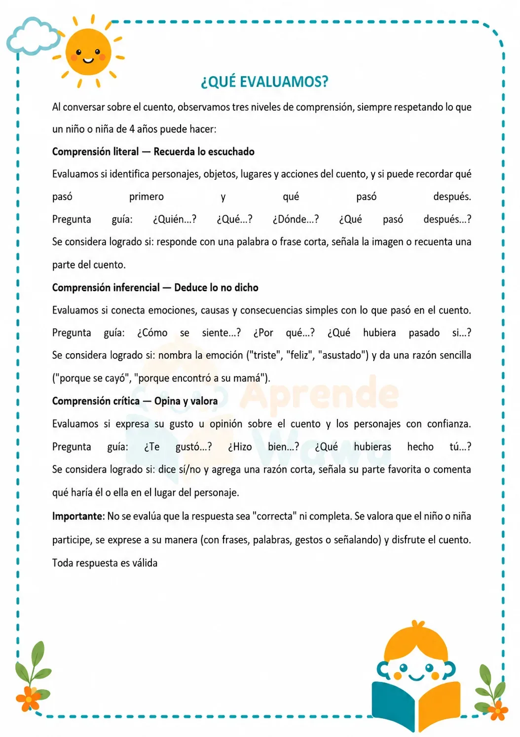 Lámina de 📖 Comprensión Lectora para 4 añitos – Mis lecturas con preguntas