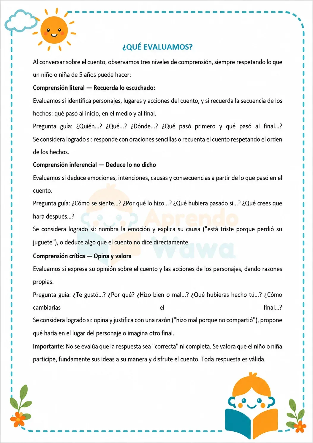 Lámina de 📖 Comprensión Lectora para 5 añitos – Mis lecturas con preguntas