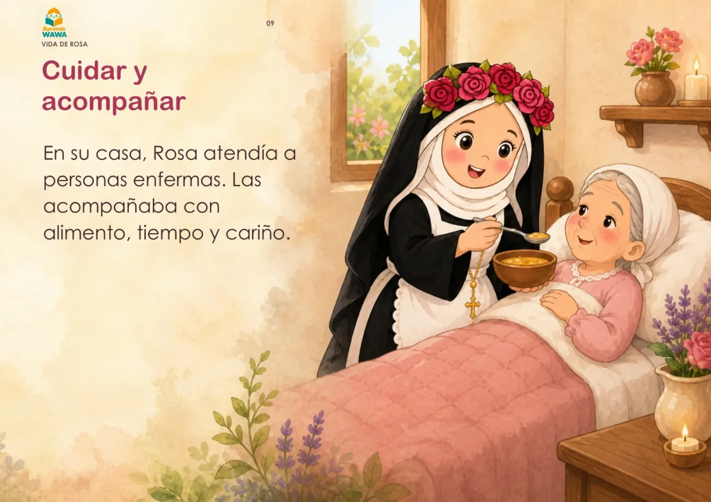 Lámina de Cuento de Santa Rosa de Lima con actividades para niños mayores de 4 años