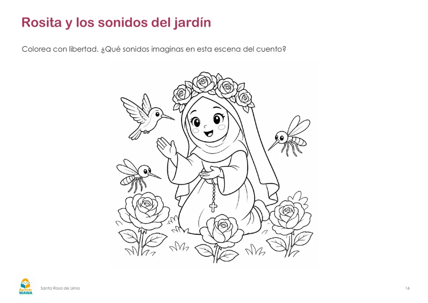 Lámina de Cuento de Santa Rosa de Lima con actividades para niños mayores de 4 años