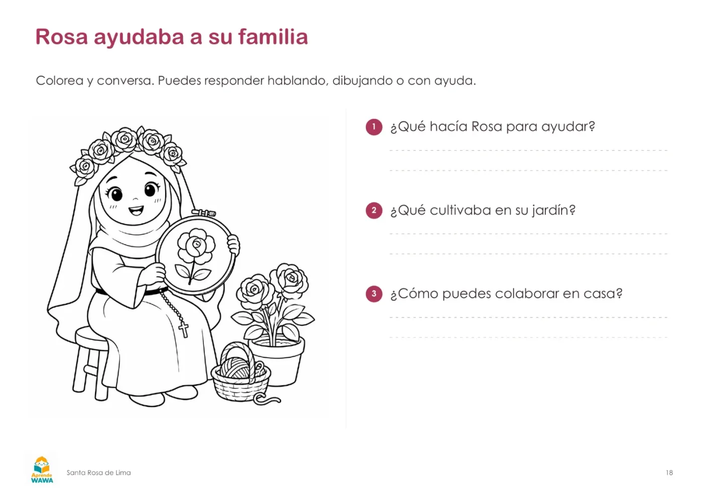 Lámina de Cuento de Santa Rosa de Lima con actividades para niños mayores de 4 años