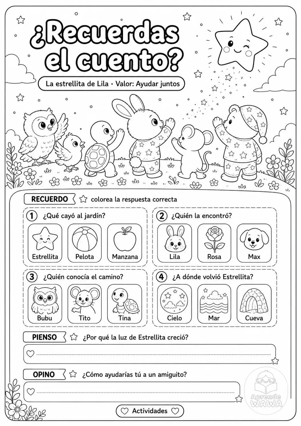 Lámina de Cuento infantil sobre la amistad y la ayuda: La estrellita de Lila