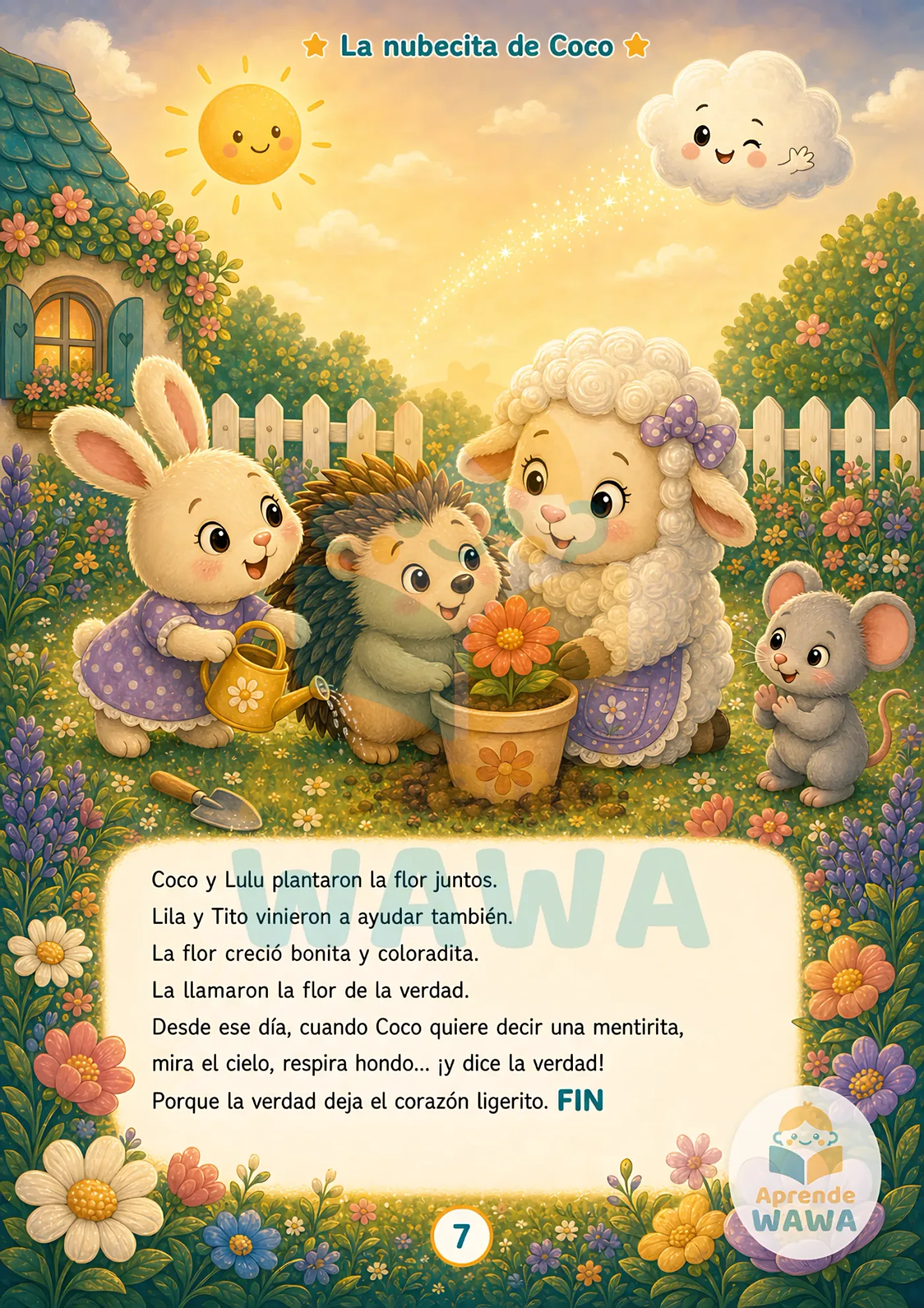 Lámina de Cuento "La nubecita de Coco" para niños de 3 años – Valor: decir la verdad (con ficha de comprensión)