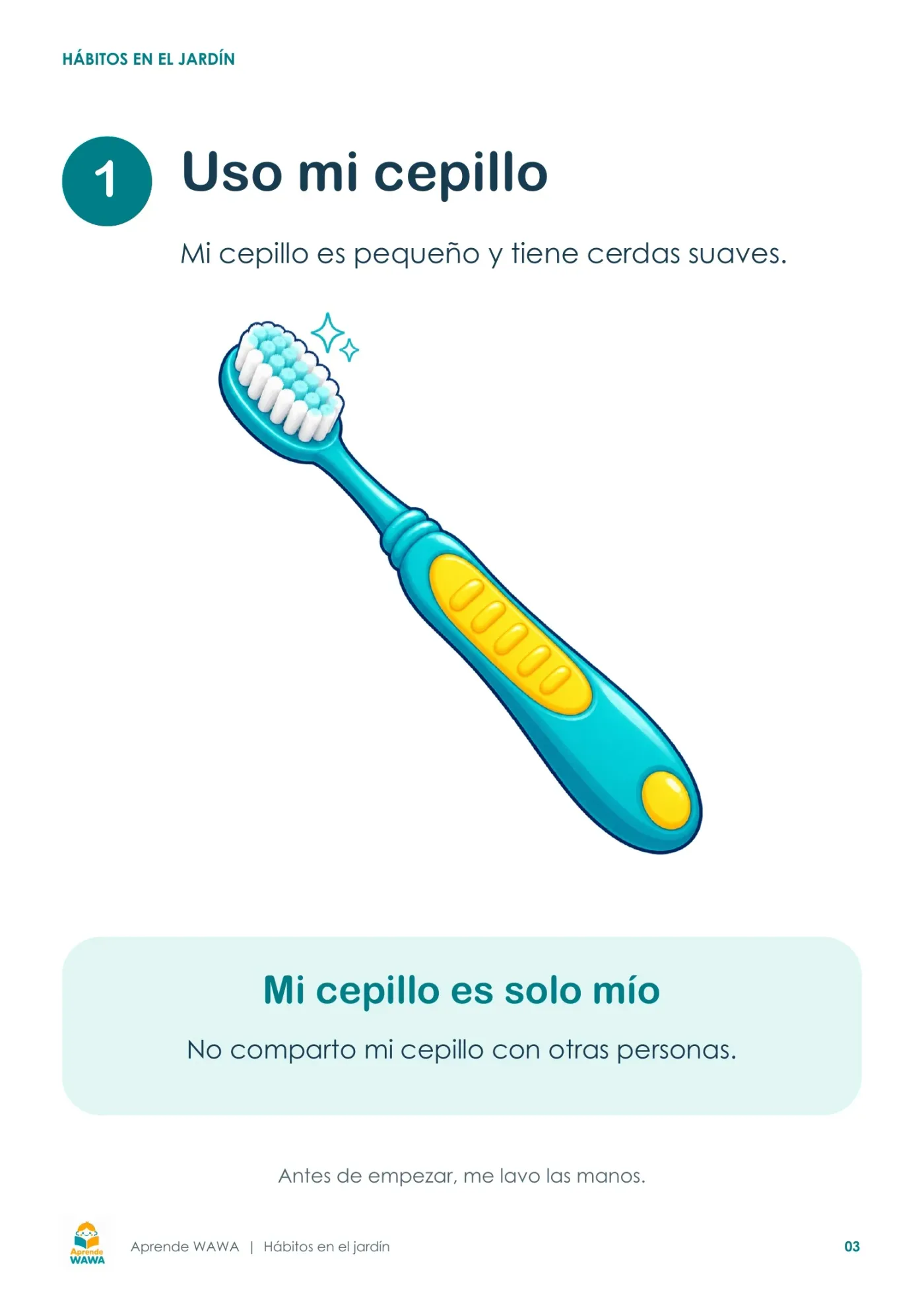 Lámina de Pasos para el lavado de dientes para niños de 3 a 5 años