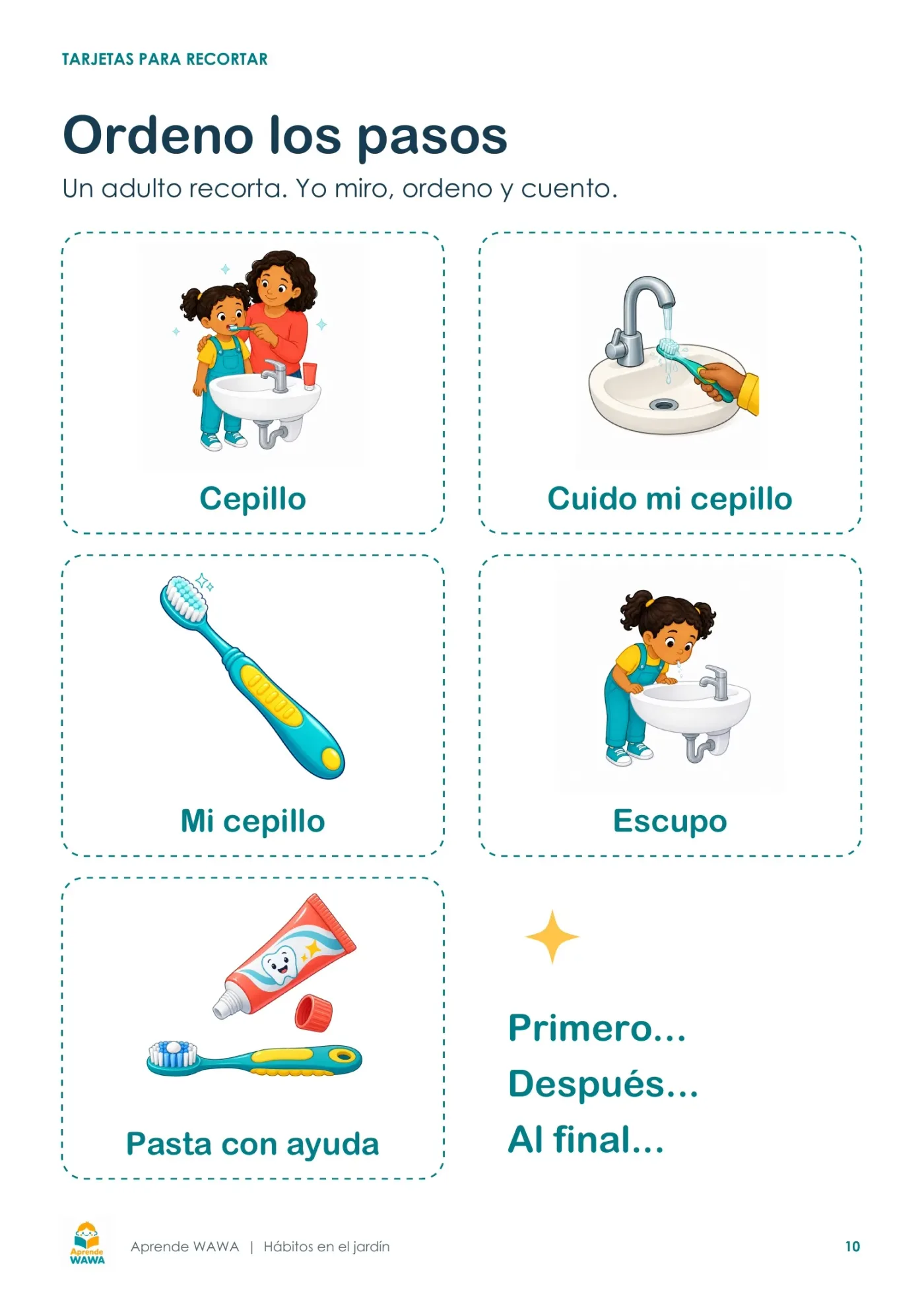 Lámina de Pasos para el lavado de dientes para niños de 3 a 5 años