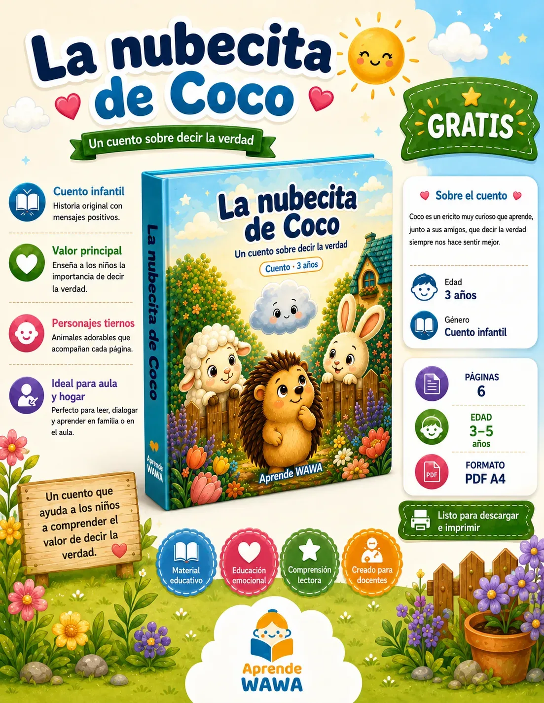 Vista previa de Cuento "La nubecita de Coco" para niños de 3 años – Valor: decir la verdad (con ficha de comprensión)